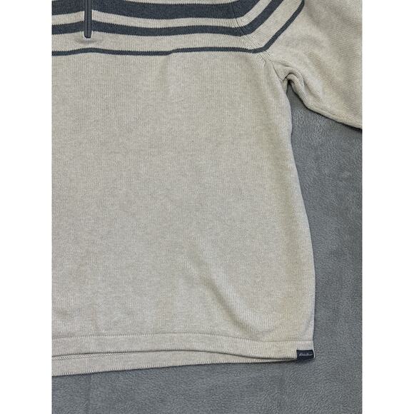 VTG Eddie Bauer Cream Grey 1/4 Zip Mock Neck Stripe Sweater T3XL Classic Preppy - Picture 6 of 16